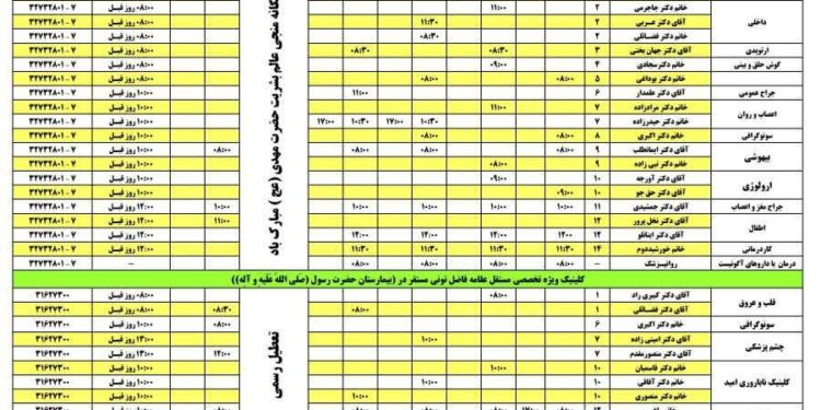 برنامه کلینیک تخصصی بیمارستانهای شهید دکتر چمران و حضرت رسول (ص) فردوس