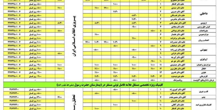 برنامه کلینیک تخصصی بیمارستانهای شهید دکتر چمران و حضرت رسول (ص) فردوس